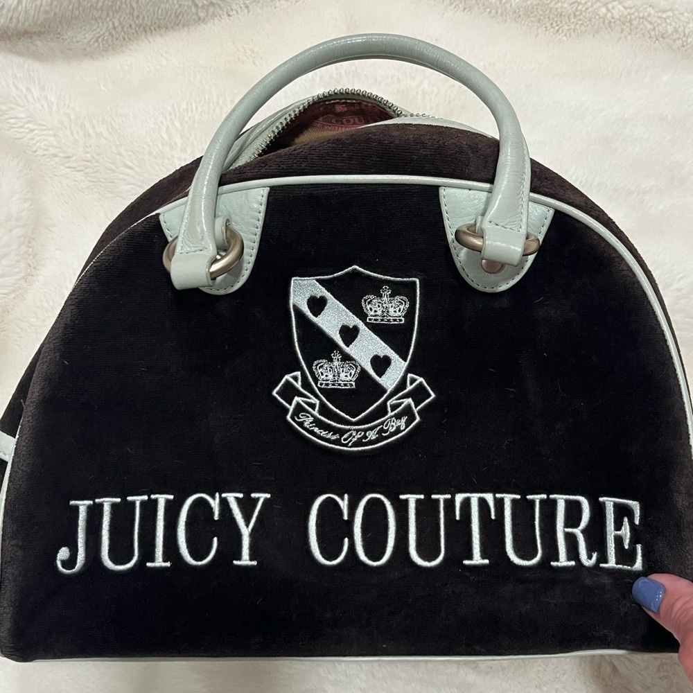 Y2K Vintage Authentic Juicy Couture Black and Grey/Lt. Blue Bowler style Satchel